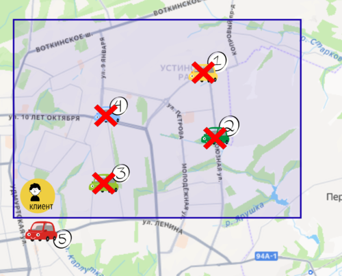 Пример 3 «Сначала искать ближайший по карте, но в пределах стоянки подачи, затем по стоянке, затем остальные по карте».png
